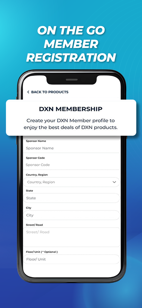 DXN Shop - Schermata dell'app mobile che mostra il modulo di registrazione dell'iscrizione DXN con campi per nome sponsor e dettagli sulla località