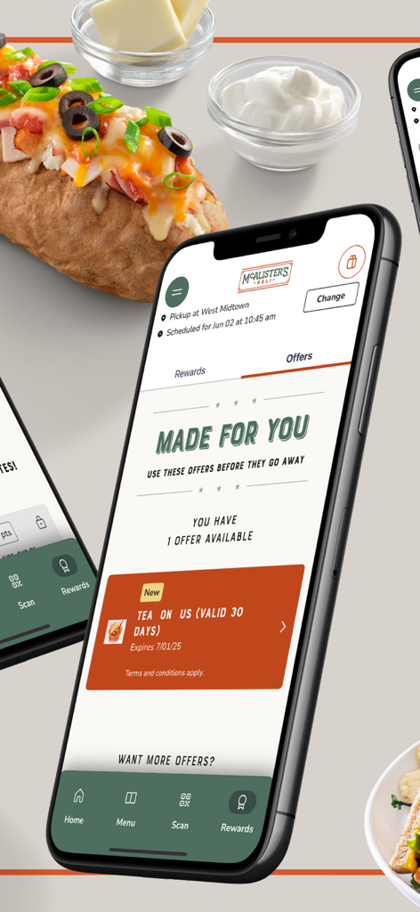 McAlisters Deli mobile app screen showing exclusive offers and rewards like a free tea