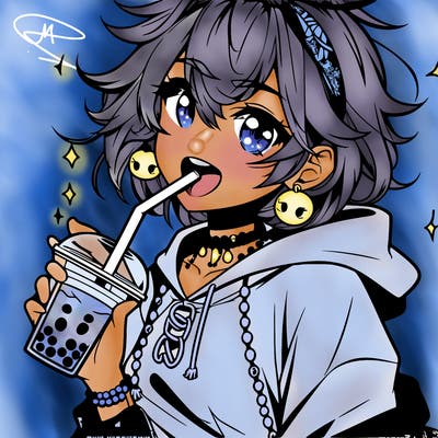 hot baddie anime girl drinking boba and biting the straw