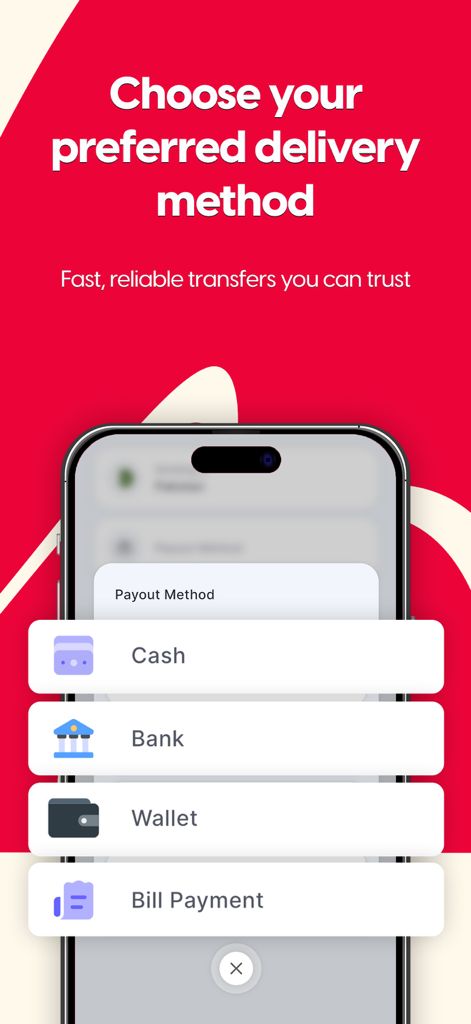 ACE Money Transfer app screen showing various payout options including cash, bank deposit, and mobile wallet.