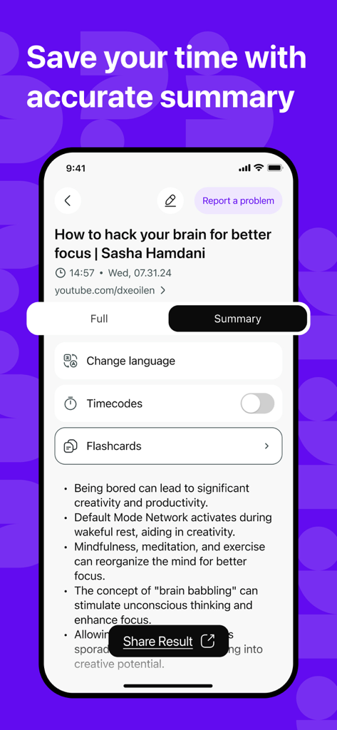 Whynote app interface showing a bulleted AI generated summary of a video lecture.