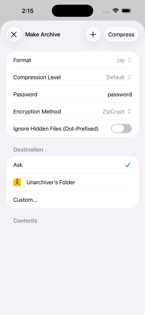 Unarchiver - ZIP, RAR - User interface for creating a password protected zip archive with encryption and compression options