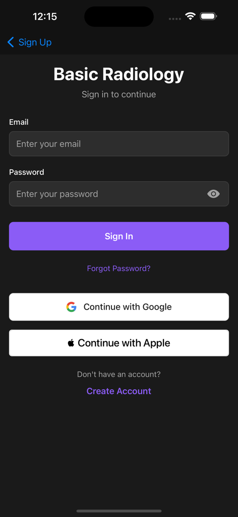 Sign in screen for Basic Radiology medical education app showing email and social login options