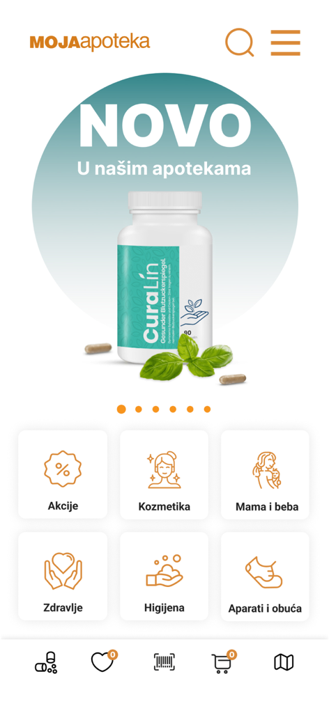 MojaApoteka mobile app home screen displaying product categories like cosmetics, health, and mom and baby products