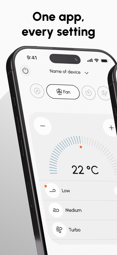 ACリモートアプリのインターフェース、温度コントロールとファン速度設定を表示