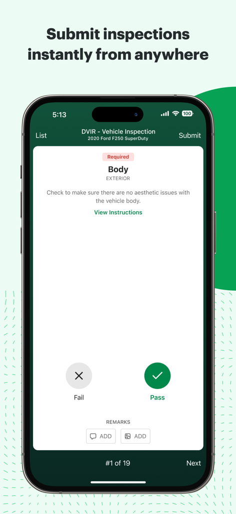 Fleetio Go app interface for submitting a mobile vehicle inspection report with pass and fail buttons.