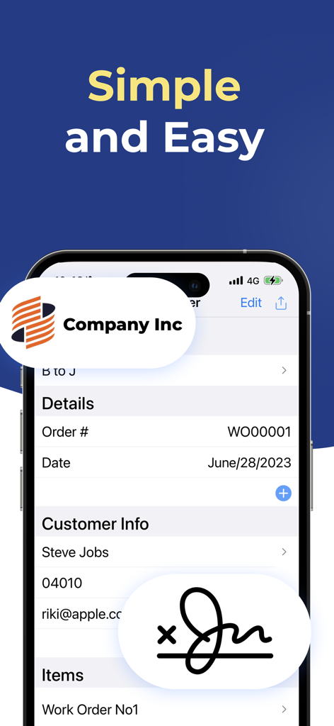 Mobile interface of the Work Order Maker app showing order details and a signature box.