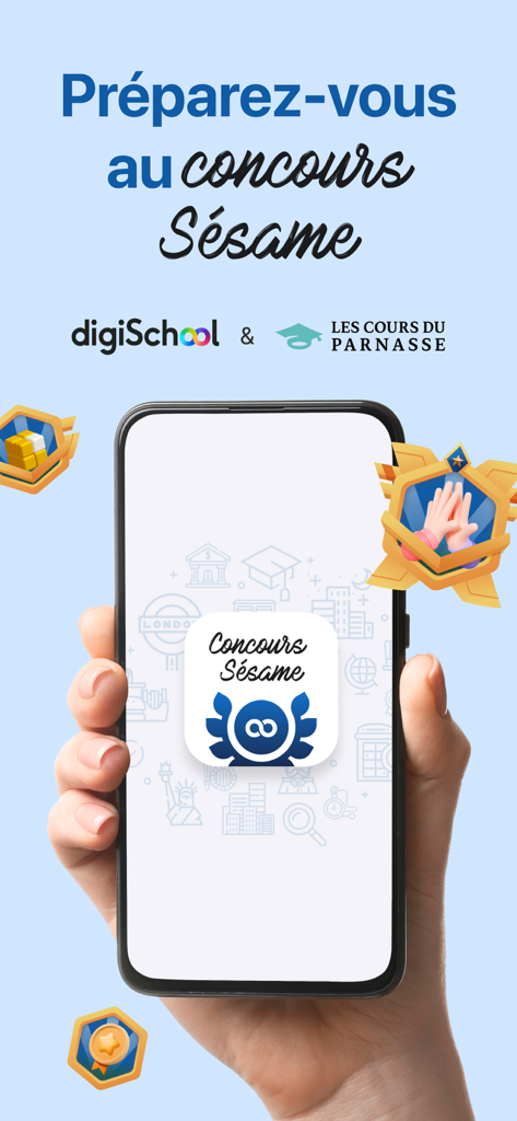 Prépa Concours Sésame - Main tenant un smartphone affichant l'application Prepa Concours Sesame avec des badges de gamification d'études