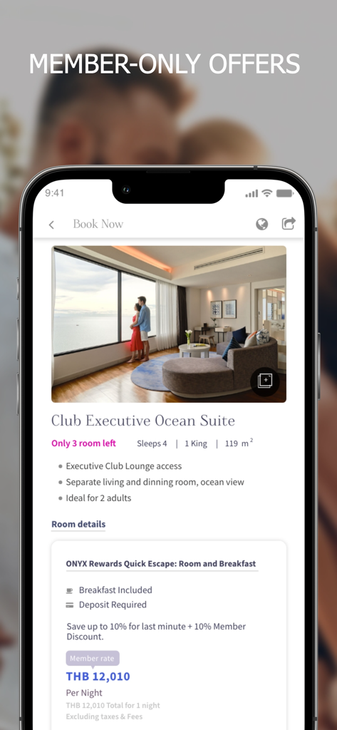 ONYX Rewards - Onyx Rewards app showing member only offers for a luxury Club Executive Ocean Suite