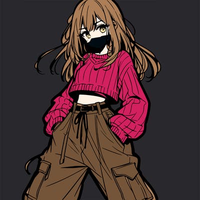 anime teen girl with baggy pants and crop top with sweater