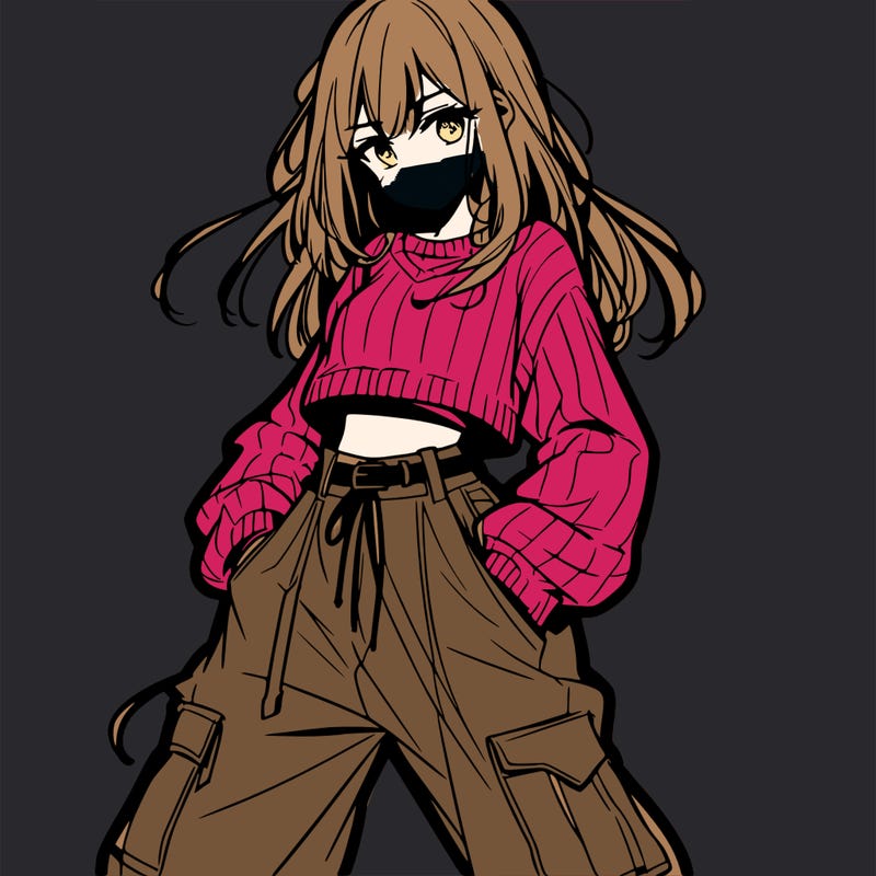 anime teen girl with baggy pants and crop top with sweater