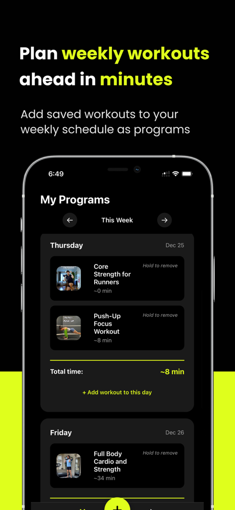 FitSaver: Workout Organizer - FitSaver app screen showing a weekly workout planner with scheduled exercise routines for Thursday and Friday.