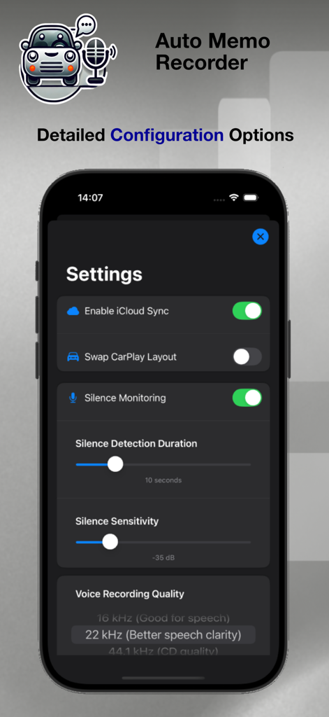 Auto Memo Recorder - Pantalla de configuración de la aplicación Grabadora Auto Memo mostrando opciones para sincronización con iCloud, diseño de CarPlay y configuración de calidad de audio.