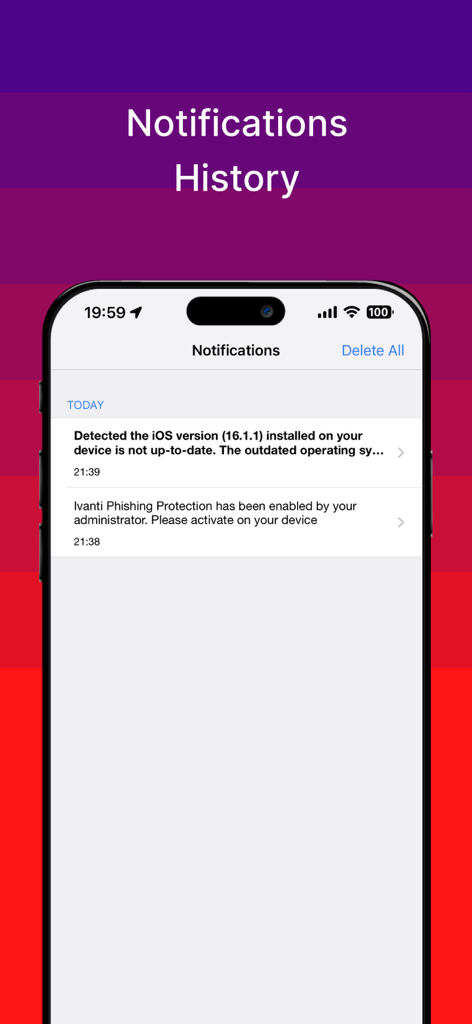 Ivanti Mobile@Work™ Client - Ivanti Mobile at Work app notification history screen showing security alerts and device compliance notifications
