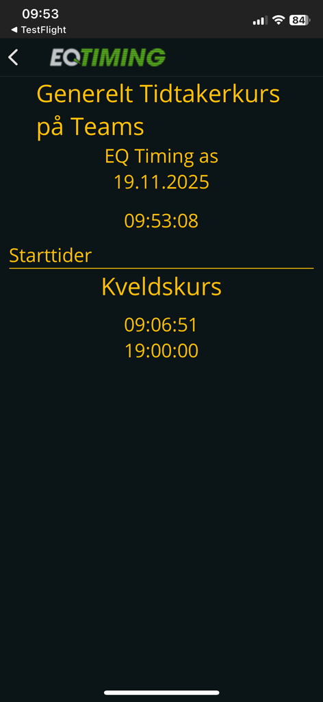Interfaz de la aplicación EQ Timing mostrando los tiempos de salida de las carreras y los detalles del horario del evento