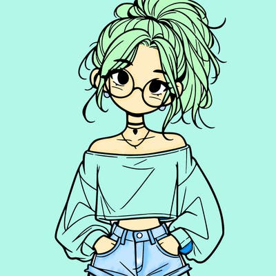 girl with a messy ponytail glasses a baggy crop top and jean shorts