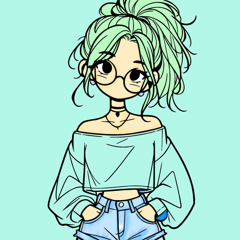girl with a messy ponytail glasses a baggy crop top and jean shorts