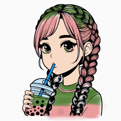 realistic girl with braided hair drinking boba