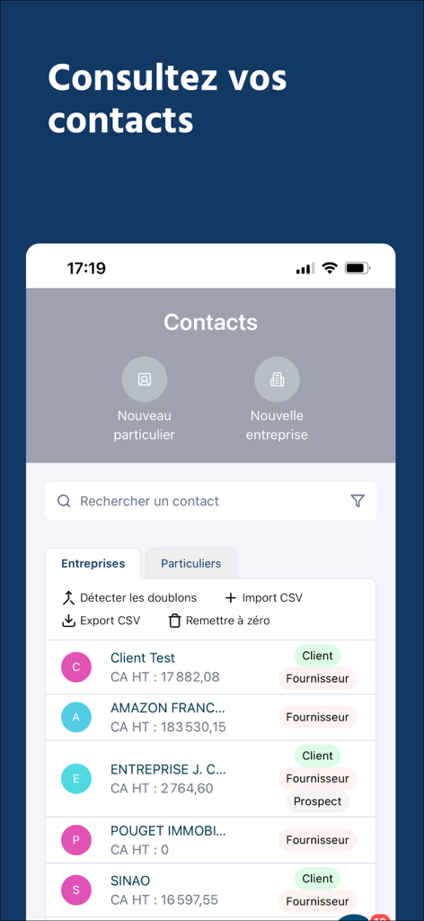 Sinao - Interface of the Sinao mobile app showing a searchable list of business contacts with revenue details and client tags.