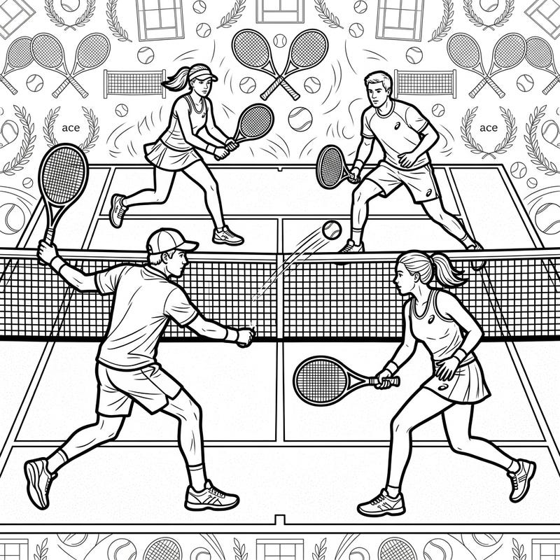 Dive into the excitement of a high-energy doubles tennis match with this action-packed coloring page. Perfect for sports enthusiasts and those who love dynamic scenes, this template offers hours of creative fun.