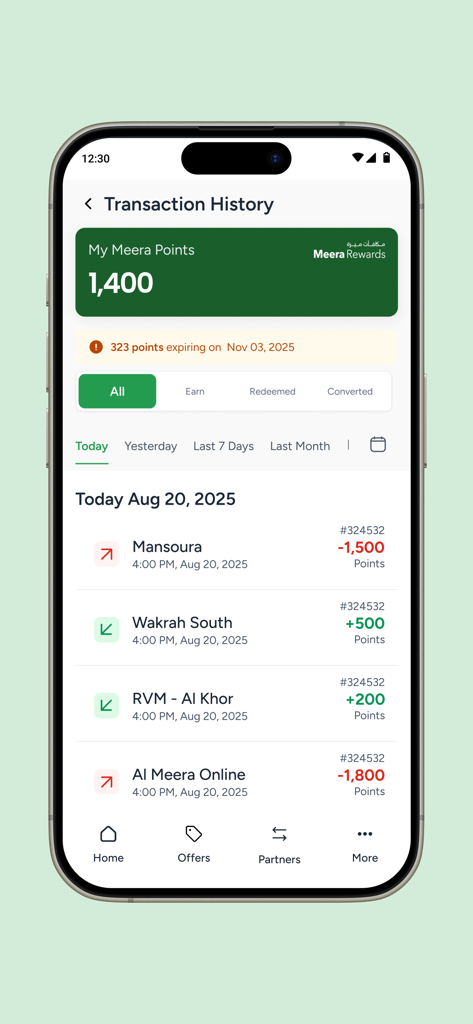 Meera Rewards - Meera Rewards app transaction history screen showing total points and recent loyalty activity