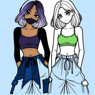 two girls with crop top with baggy pants