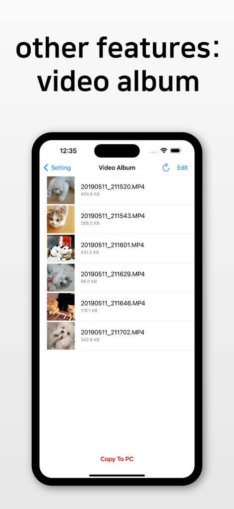 BlackVideo (One-Touch Rec!) - PC로 복사 버튼이 있는 비디오 앨범에 녹화된 비디오 파일 목록을 보여주는 BlackVideo 앱의 인터페이스