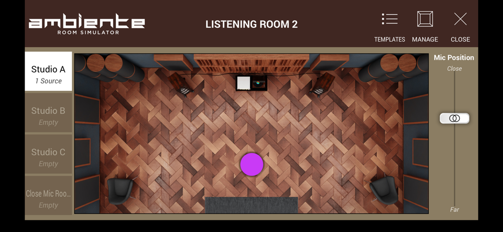 SWAM Trumpet - The Ambiente room simulator interface in SWAM Trumpet showing a top-down view of a virtual studio with microphone position controls.