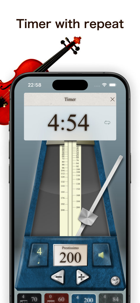 Metronome by Piascore app showing a practice timer with repeat function on a blue mechanical-style interface.