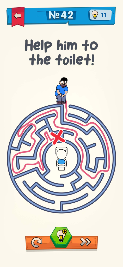 IQ Boost: Training Brain Games - Um quebra-cabeça de labirinto de treino cerebral onde o jogador deve ajudar um personagem a chegar ao banheiro.