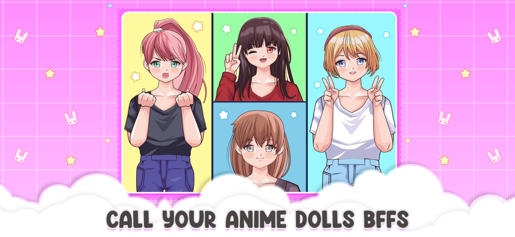 Anime Chibi Dolls Girl Games - Cuatro lindas muñecas chibi de anime en una interfaz de llamada digital con el texto BFFs.
