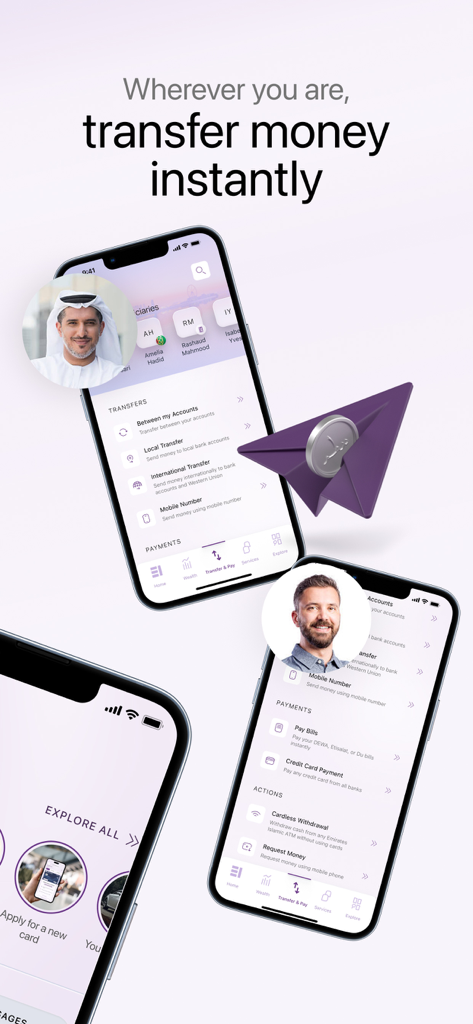 EI + - Interface de l'application bancaire mobile EI plus mettant en évidence les fonctionnalités de transfert d'argent et de paiement instantanés