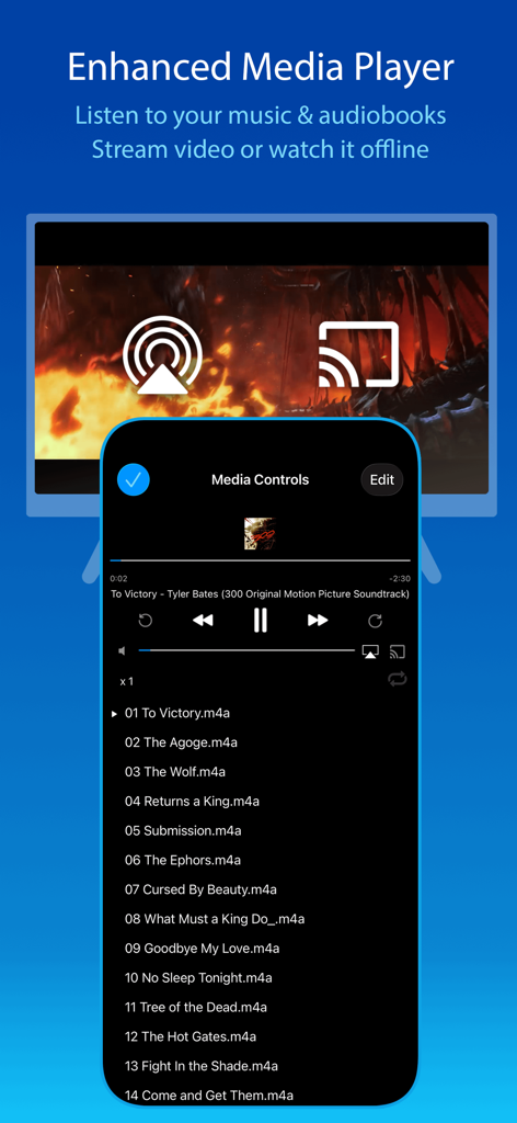 FileBrowser: Documents Manager - Reproductor multimedia de la aplicación FileBrowser que muestra una lista de reproducción de música y opciones de transmisión para iPhone y iPad.