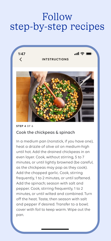 A mobile screen from the Blue Apron app showing step-by-step digital recipe instructions for cooking chickpeas and spinach in a pan.