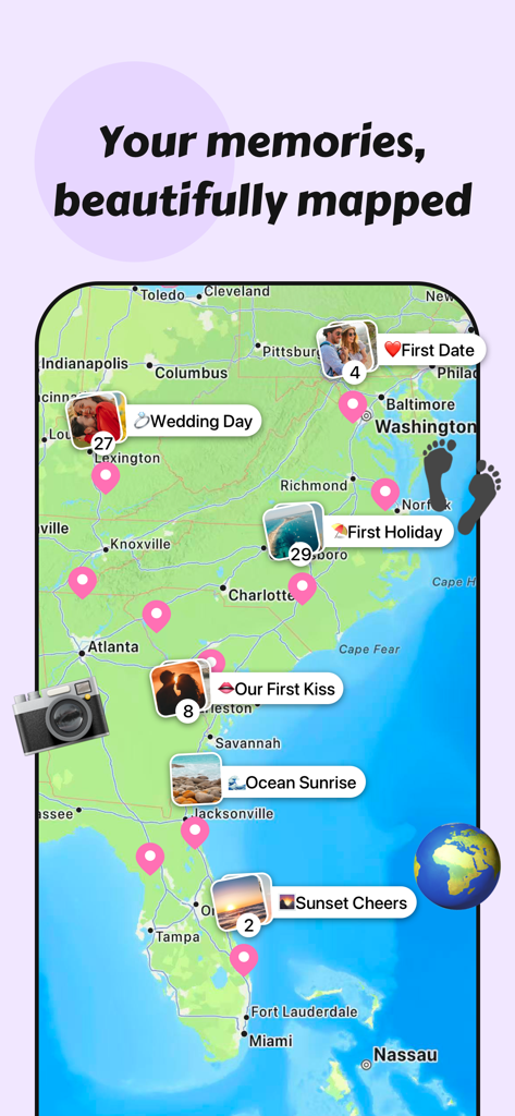 A map displaying couple memories and relationship milestones with photos