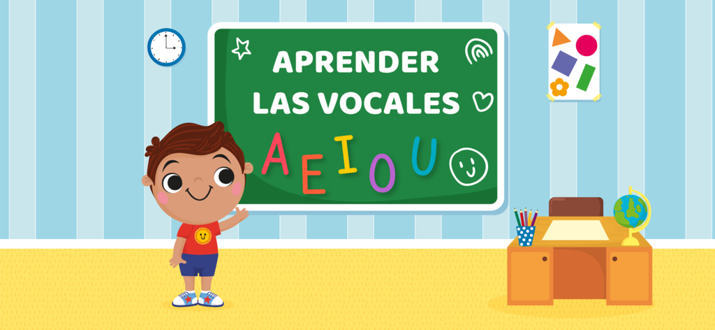 Niño de dibujos animados en un aula con una pizarra que muestra las vocales en español AEIOU