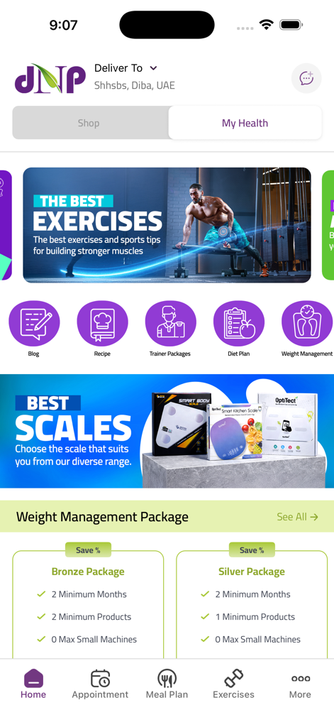 Dr Nutrition - Dr Nutrition app interface showing exercise tips, health scales, and weight management package options.