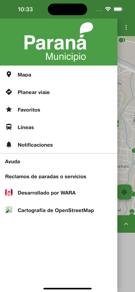 Arriba Paraná - Side navigation menu of the Arriba Paraná transit app showing options for map, trip planning, and favorite routes.