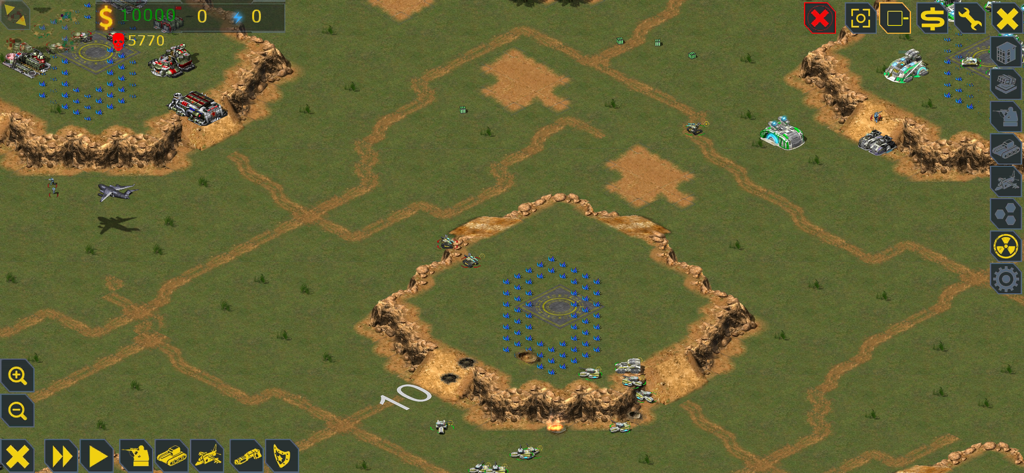 Classic 2D isometric gameplay of RedSun RTS showing base construction and tanks on a desert map