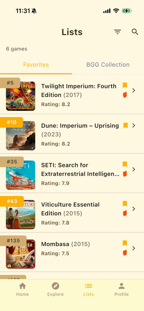A list of favorite board games with rankings and ratings in the Board Game Guru app interface.