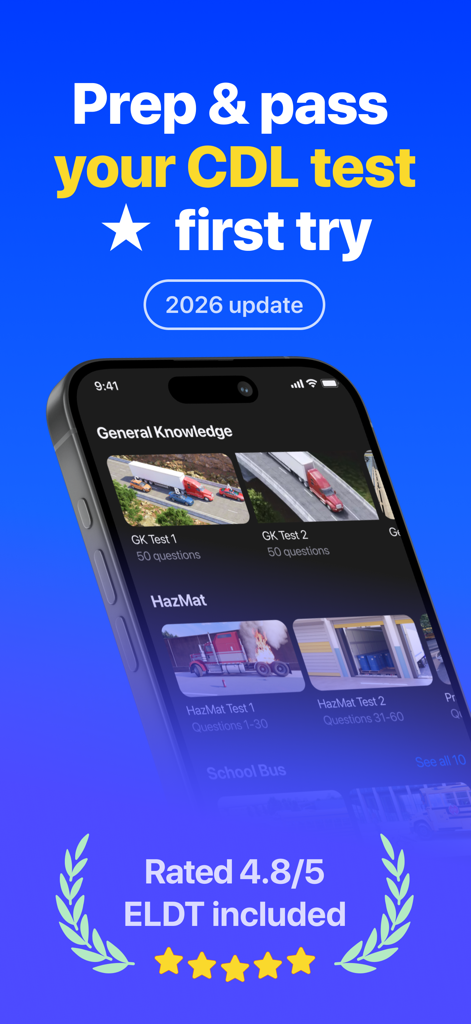 CDL Prep Practice Test Genie - Smartphone displaying CDL Prep Practice Test Genie app with General Knowledge and HazMat practice tests and ELDT certification info