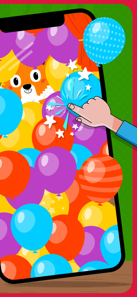 Hand bringt bunte Luftballons auf einem Smartphone-Bildschirm zum Platzen und enthüllt einen Fuchs in einem Lernspiel für Kleinkinder