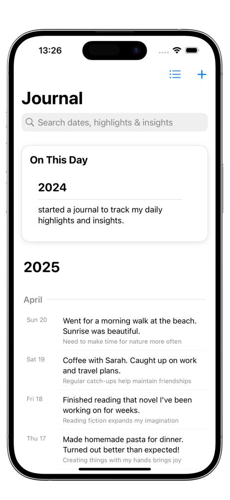 Path Journal - Path Journal main screen showing minimalist daily entries and On This Day highlights