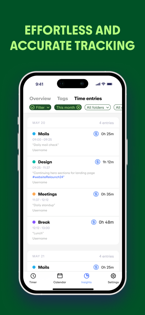 EARLY: Time Tracking - Smartphone screen showing a daily list of tracked work activities like design and meetings in the EARLY app