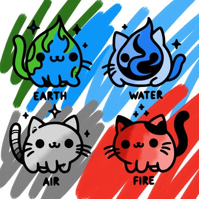 4 cats that represent the different elements, earth, water, air, and fire