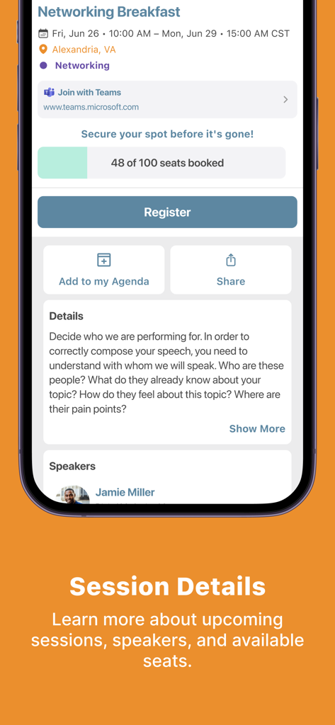 AMTConnect - AMTConnect app screenshot showing session details for a networking breakfast with registration and speaker info