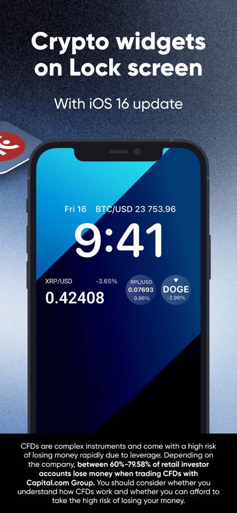 Bitcoin and crypto price widgets displayed on an iPhone lock screen using iOS 16 features.