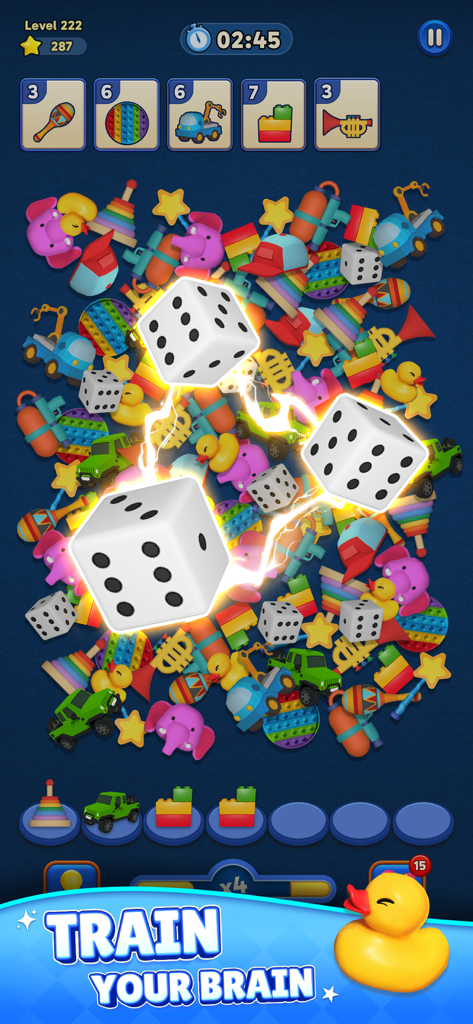 Match Tile Triple 3D - Gameplay of Match Tile Triple 3D showing three dice being matched among various 3D objects like toy cars and ducks