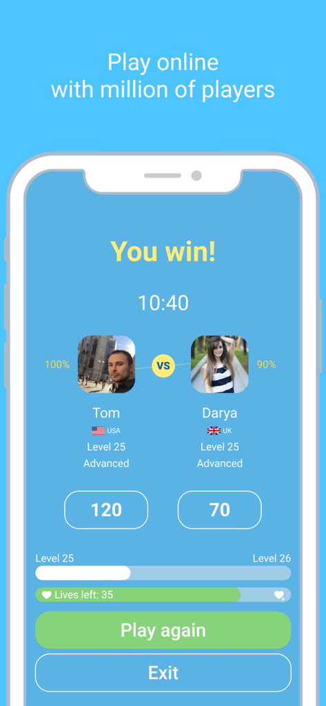 LinGo Play app multiplayer mode showing a win in a language competition