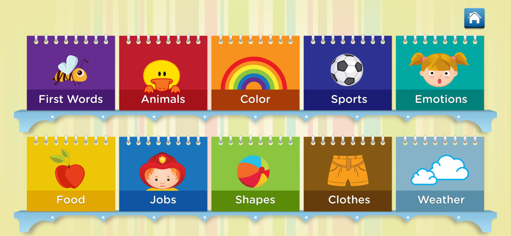 Spell, Write and Read Full - Menú de selección de temas educativos con categorías como Animales, Comida y Deportes para niños.